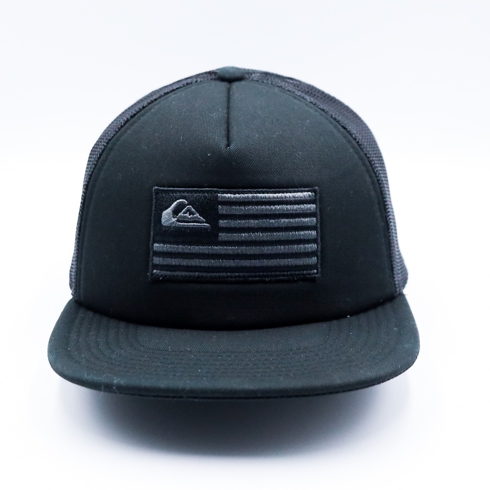 Quiksilver Trucker Hat Mens Adjustable Black Tonal Flag Patch Foam Mesh Snapback